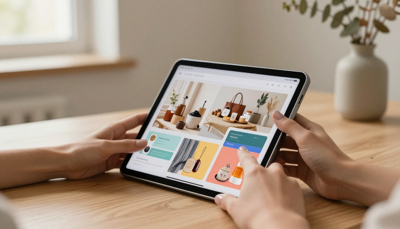 Hands holding tablet displaying interactive digital catalog
