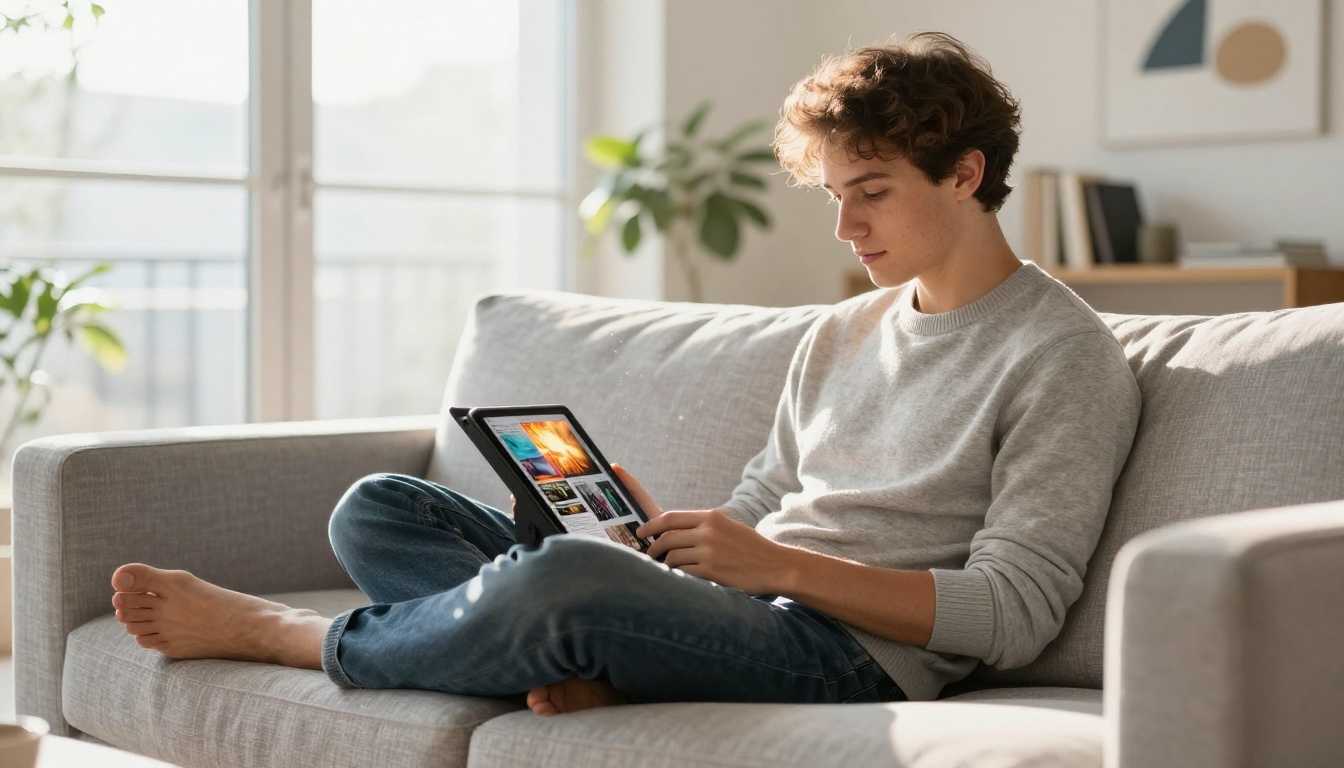 Young man in grey sweater reading digital magazine on tablet in bright Scandinavian living room Young man in grey sweater reading digital magazine on tablet in bright Scandinavian living room