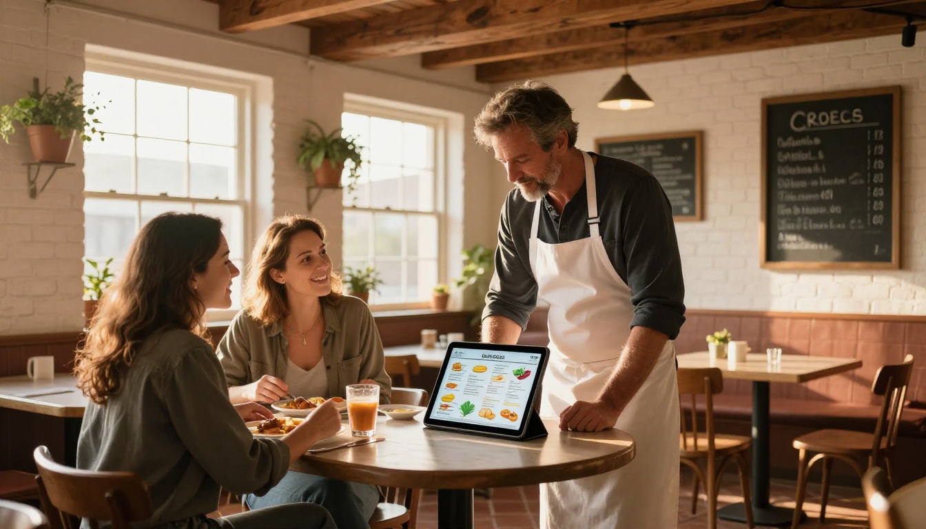 Restaurant owner showing digital menu flipbook to customers