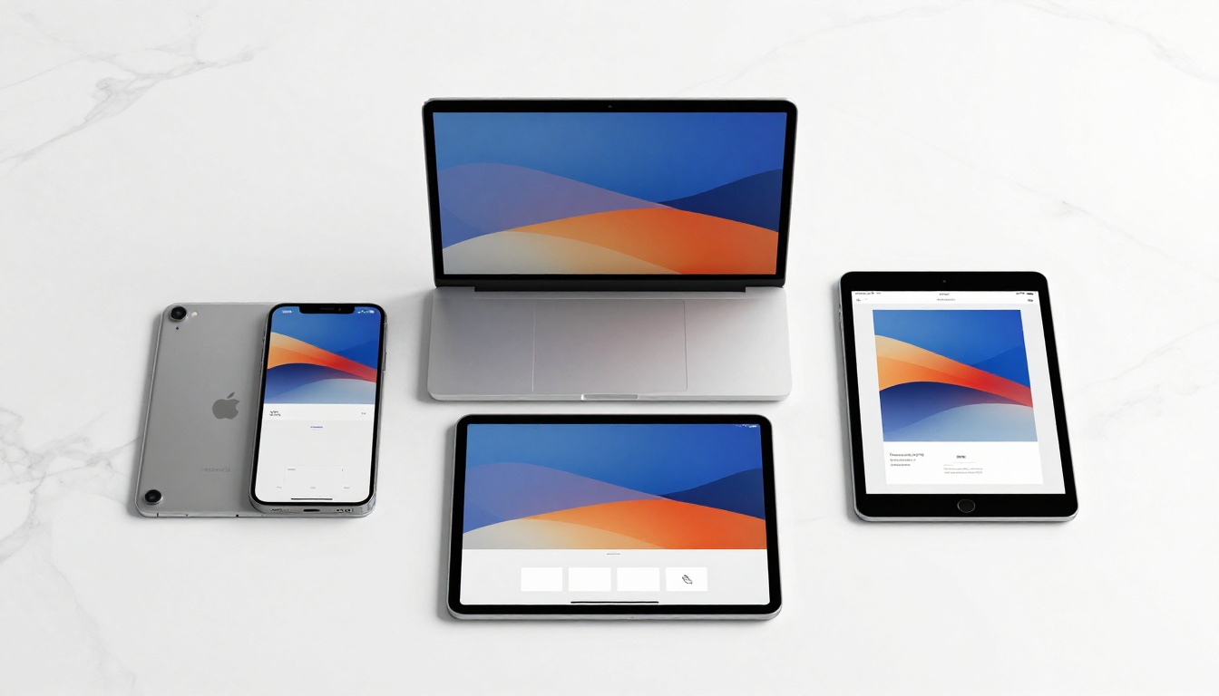 Aerial overhead shot of laptop tablet and smartphone all showing same digital flipbook on white marble surface Aerial overhead shot of laptop tablet and smartphone all showing same digital flipbook on white marble surface