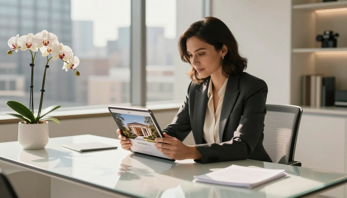 Real estate agent presenting digital property brochure flipbook to clients