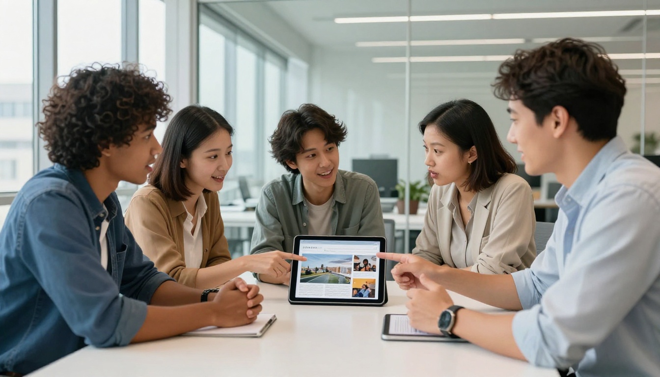 Diverse team reviewing digital magazine together on tablets