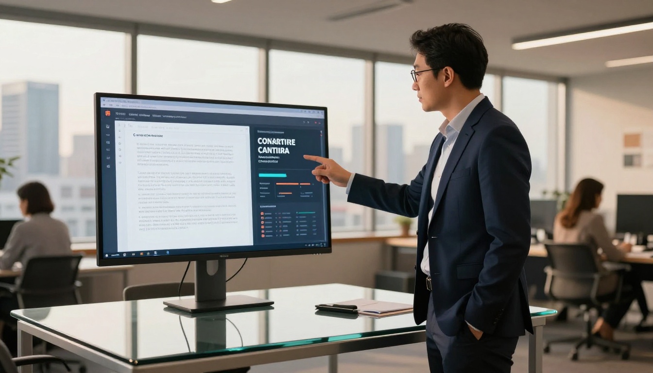 Business professional reviewing PDF vs flipbook side by side on monitor