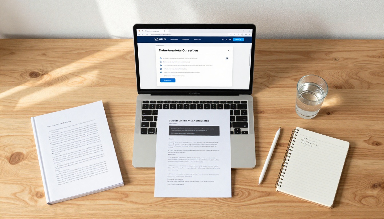 Aerial flat lay of desk with laptop, printed document, and notebook