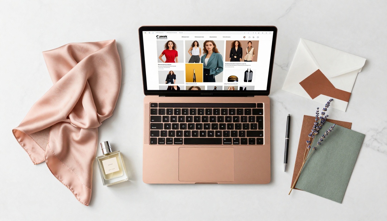 Aerial flat lay of fashion catalog on laptop with boutique accessories