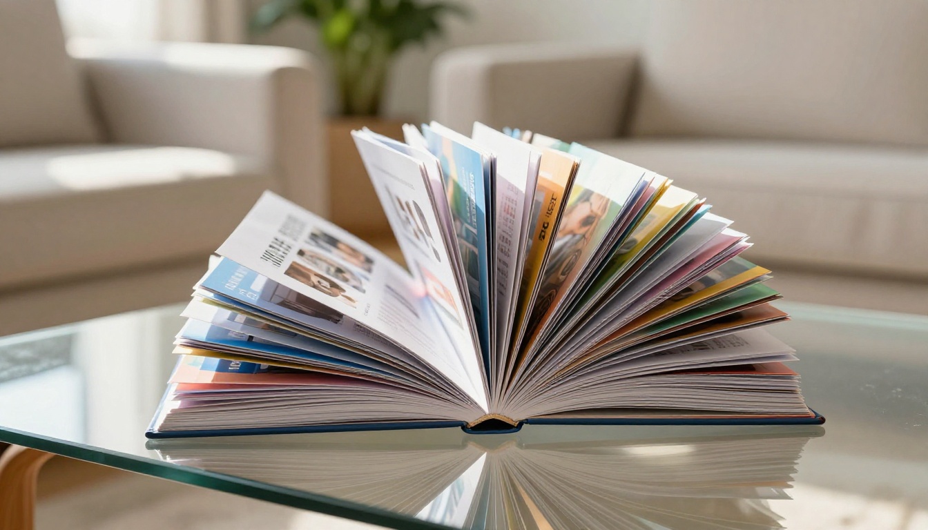 Colorful product catalog flipbook open on coffee table with pages mid-flip