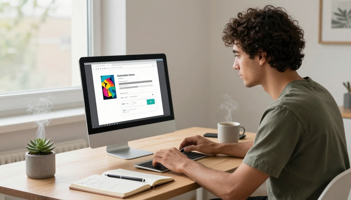 Focused entrepreneur uploading PDF file on desktop computer