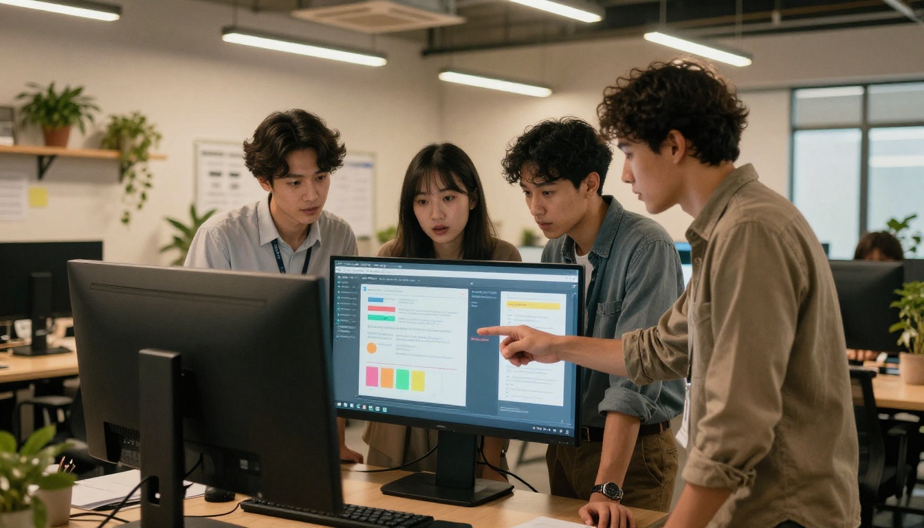Marketing team reviewing digital flipbook on large monitor together