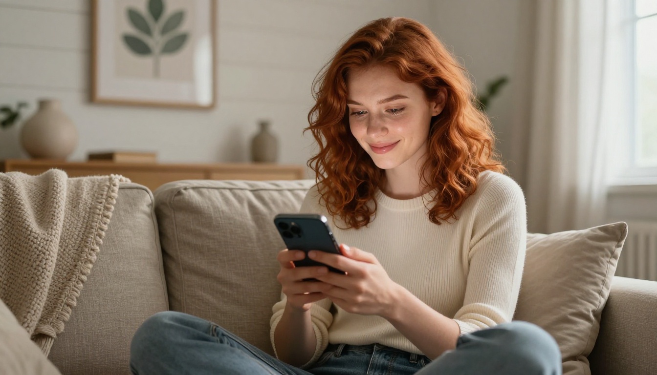 Young woman browsing product catalog flipbook on smartphone on cozy sofa