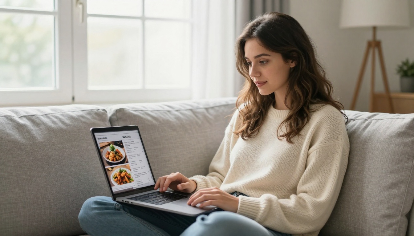 Woman relaxed on sofa using laptop to browse an interactive menu flipbook