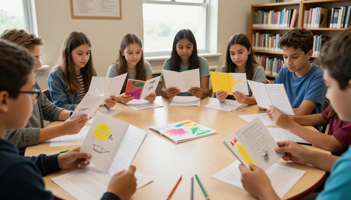 Students collaborating with flipbooks in a school library