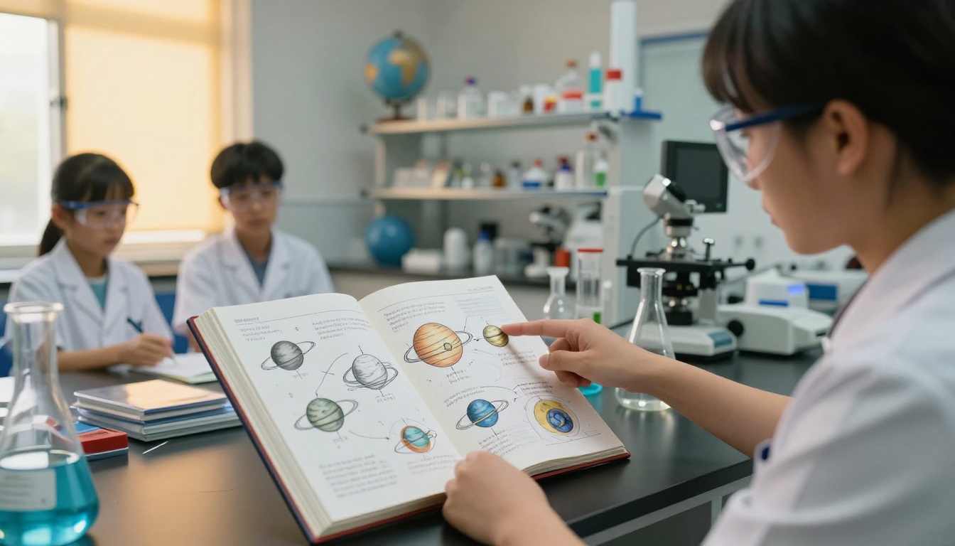 Science teacher pointing at a flipbook with students in a lab setting