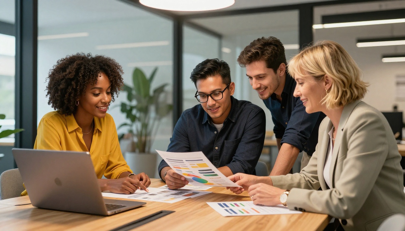 Diverse small business team collaborating over digital marketing materials