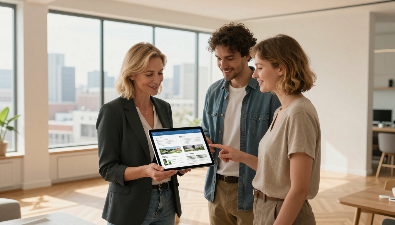 Real estate agent showing a property flipbook brochure on tablet to a couple