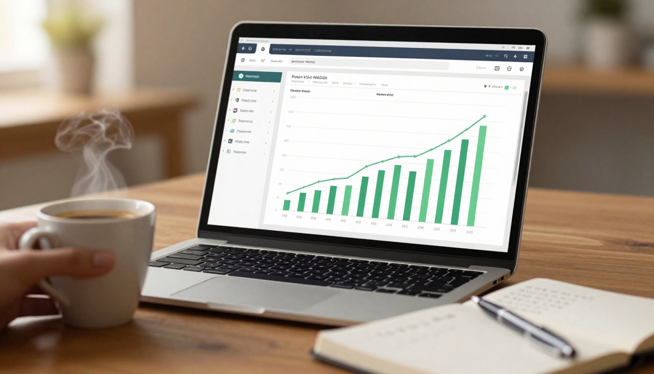 Laptop displaying analytics dashboard with engagement data on wooden desk