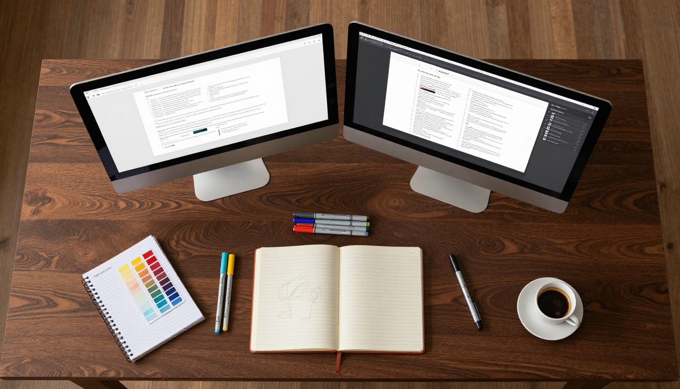 Designer's dual-monitor workstation viewed from overhead with notebook and espresso