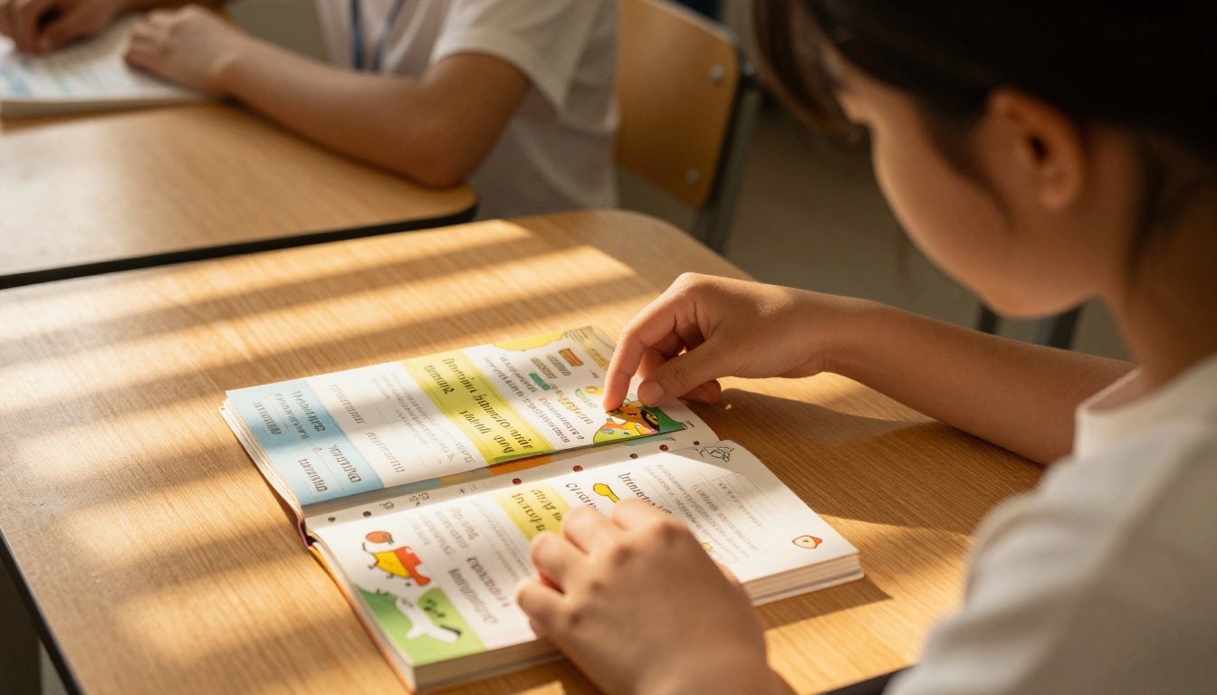 Student reading through a colorful vocabulary flipbook at her desk