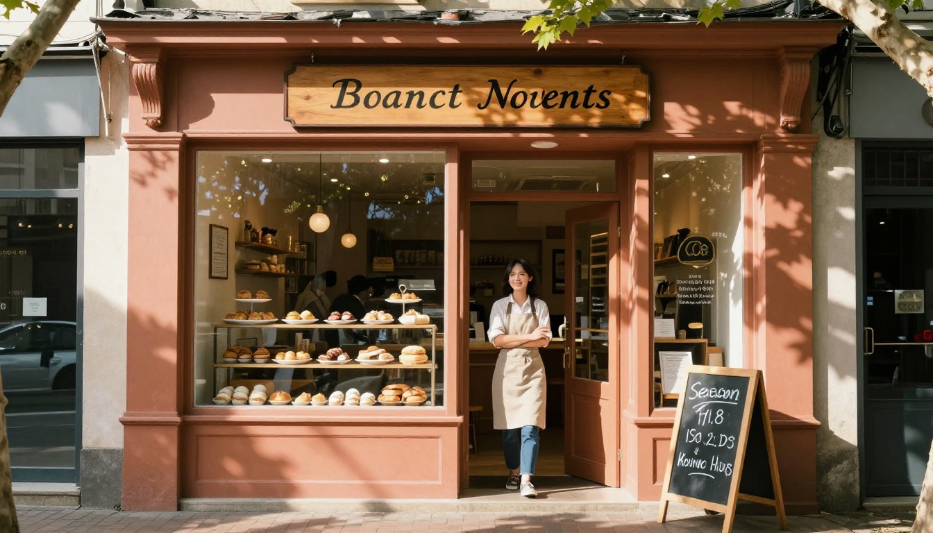 Welcoming small business bakery owner standing in charming storefront doorway