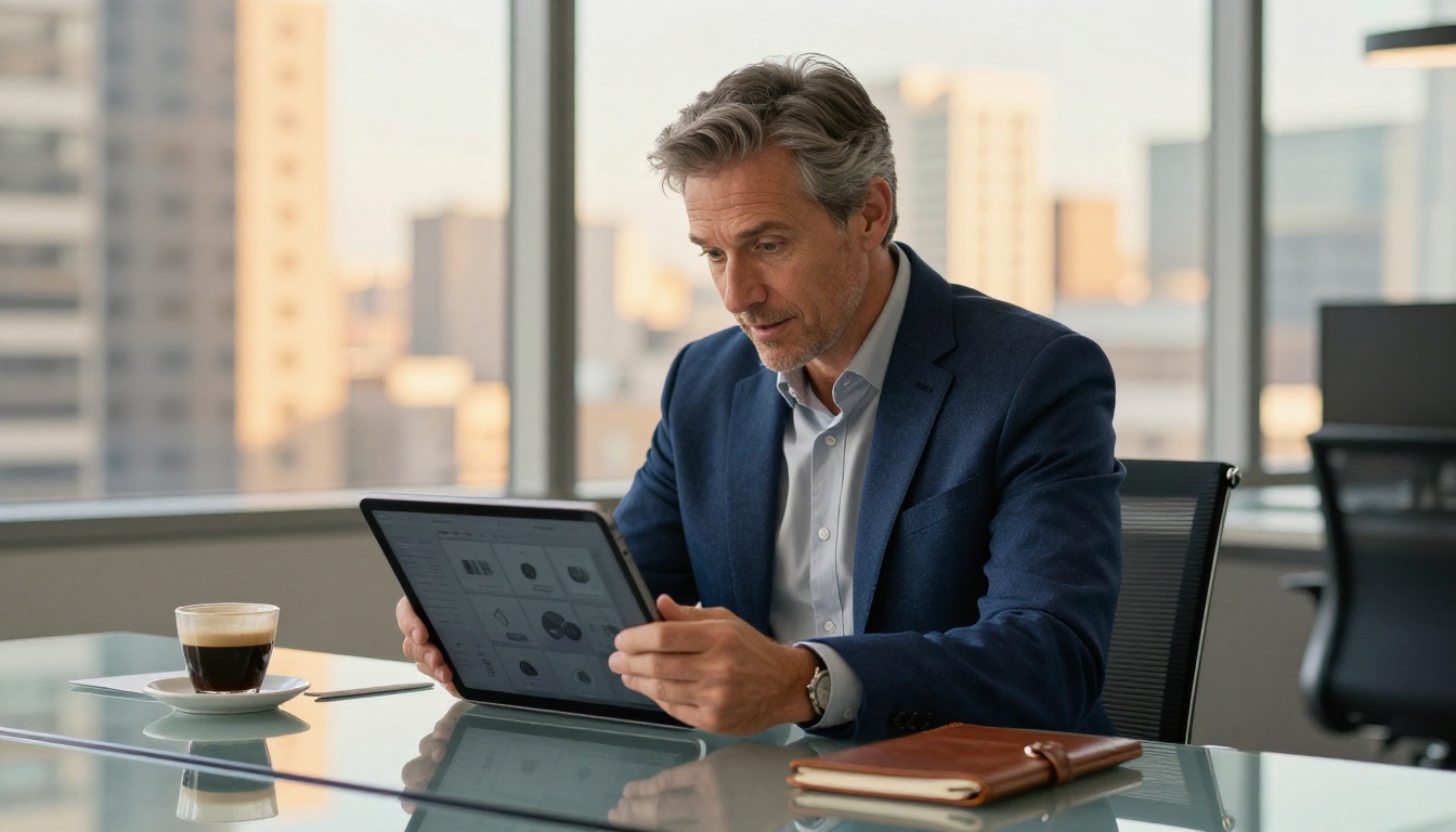 Hiring manager reviewing an interactive portfolio flipbook on tablet with impressed expression