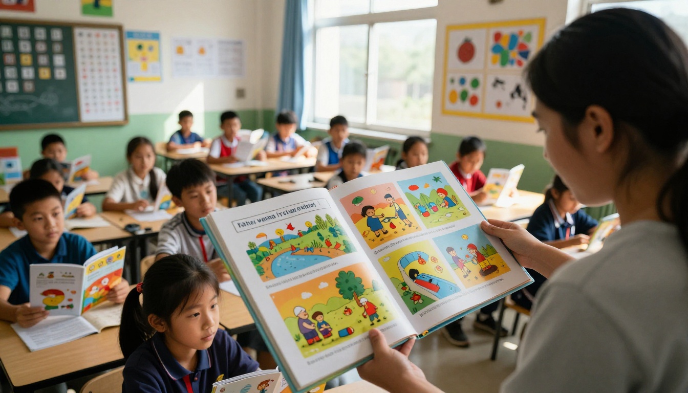 Language arts teacher reading a story sequence flipbook to attentive students
