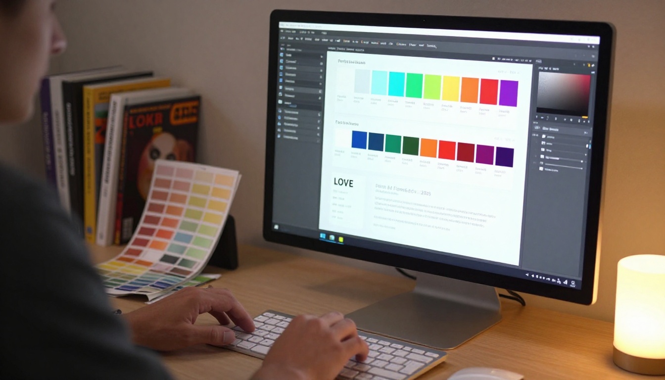 Designer customizing portfolio branding with color palettes and typography on iMac screen