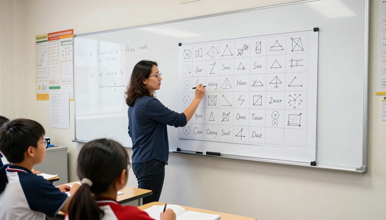 Math teacher with flipbook propped on whiteboard ledge in front of students