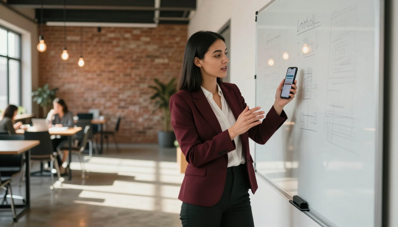 Professional woman sharing portfolio link on smartphone in modern co-working space with exposed brick