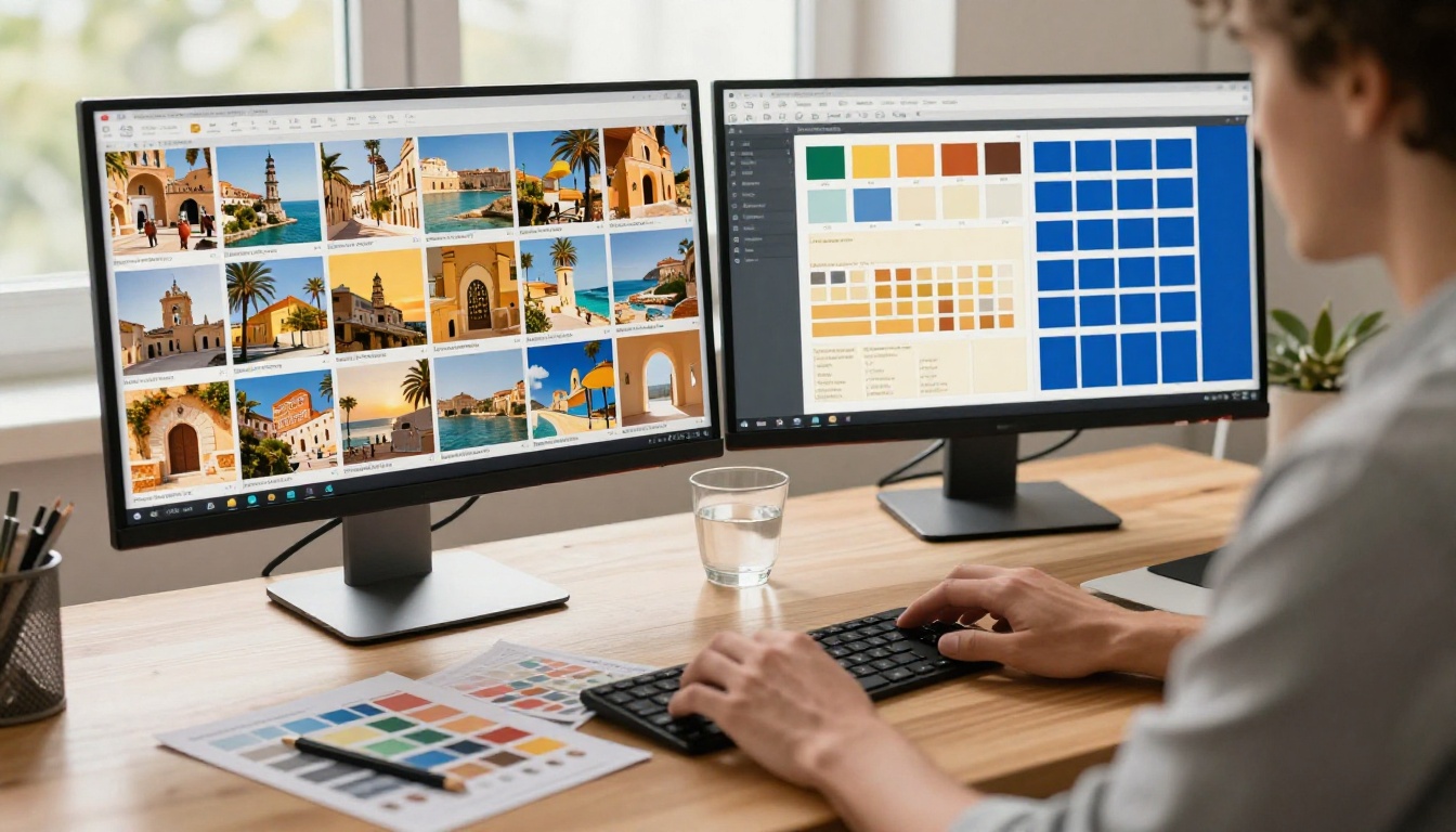 Designer reviewing travel brochure layout across dual monitors