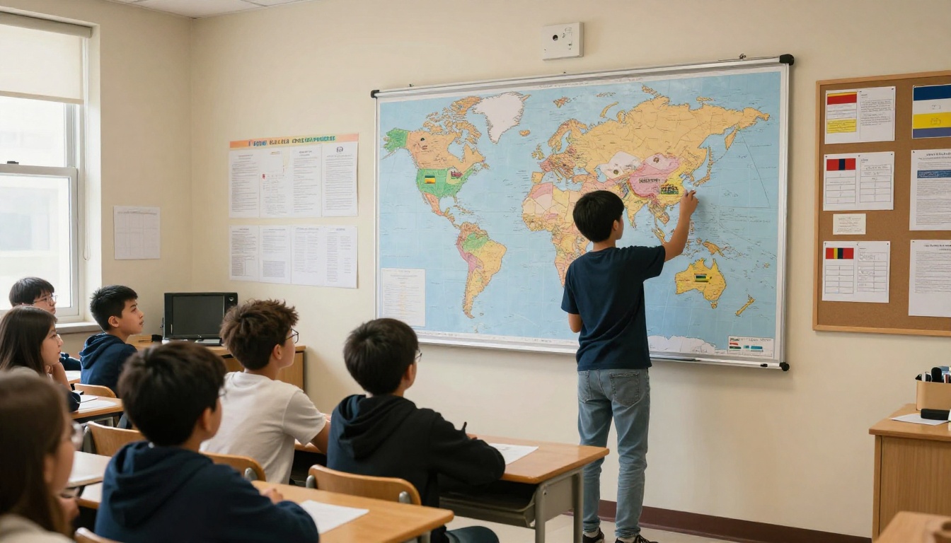 Student standing at the front of class presenting a social studies flipbook