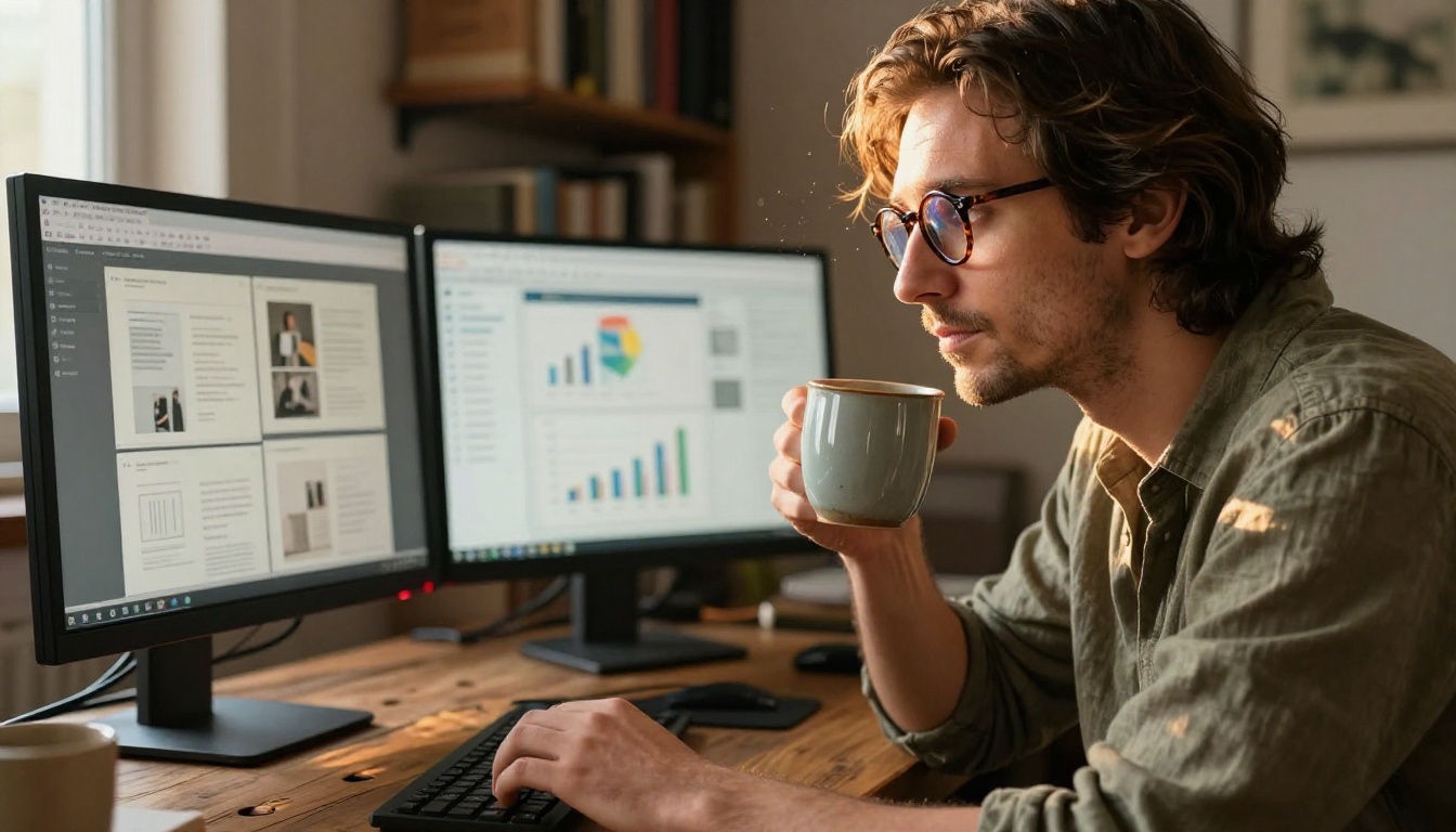 Creative professional reviewing portfolio analytics on dual-monitor setup with warm afternoon office light