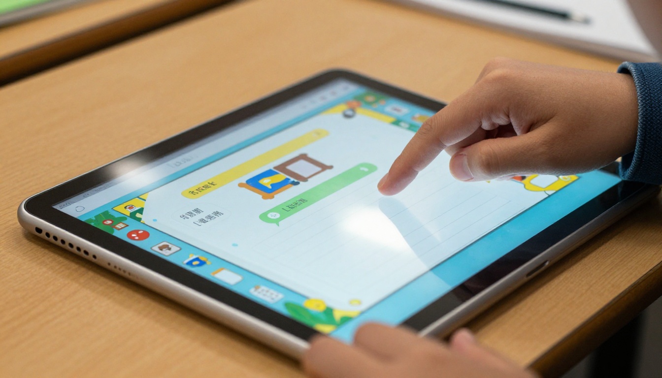 Student swiping through a digital flipbook on a tablet at their school desk