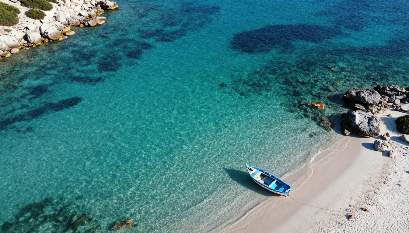 Aerial view of turquoise Mediterranean bay with white sandy beach