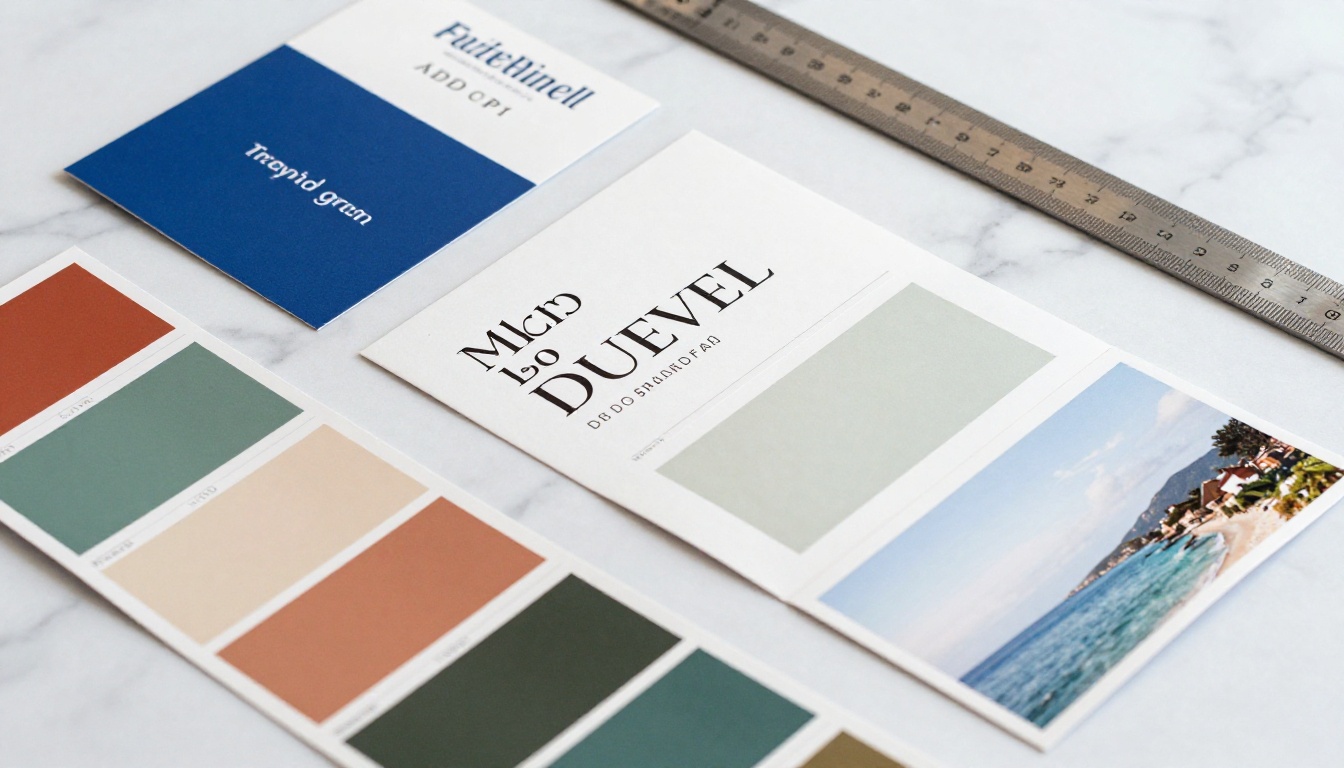 Flatlay of travel brochure color swatches and typography proofs on marble