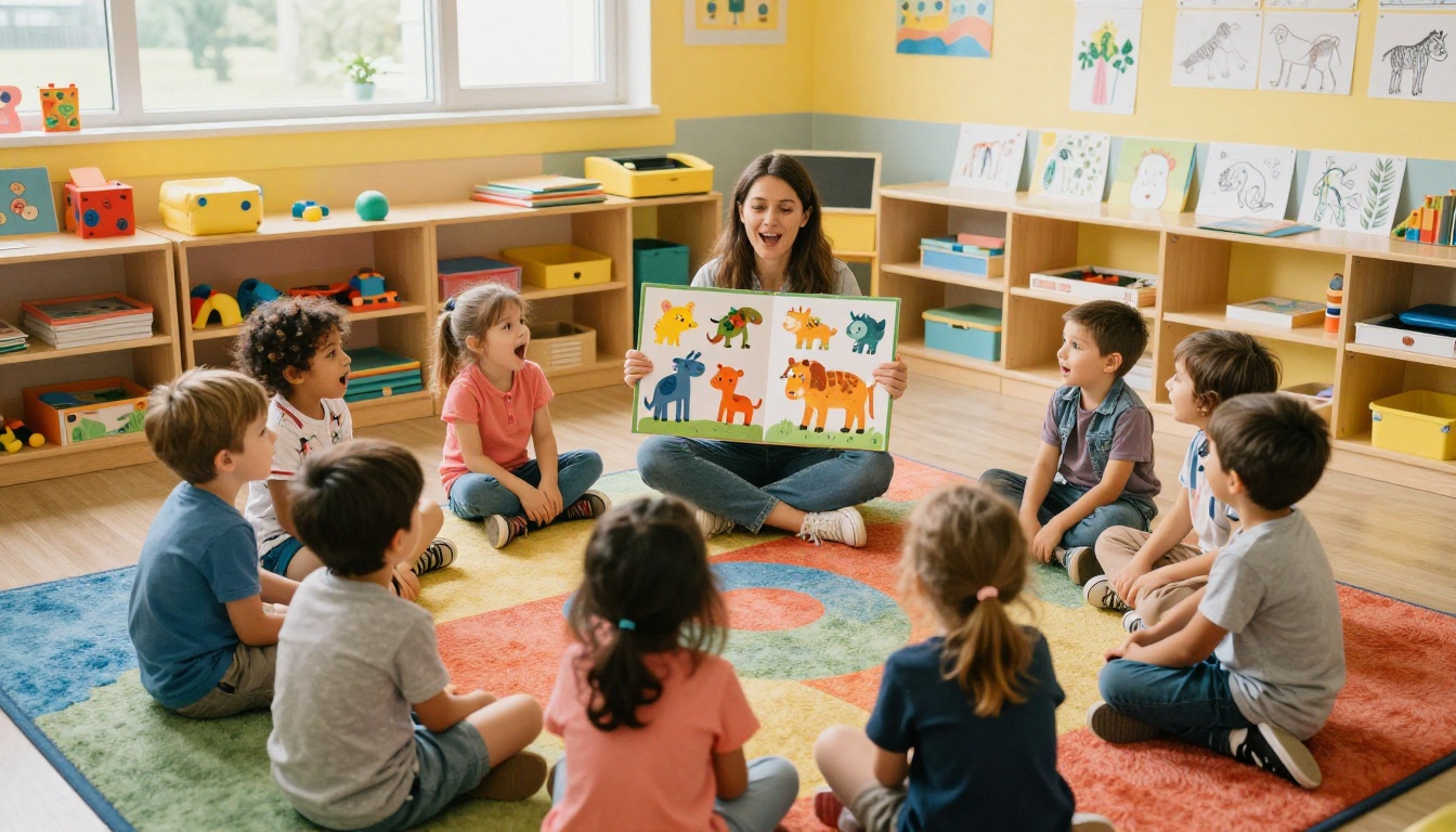 Kindergarten teacher sitting with young children in a circle reading from a colorful flipbook