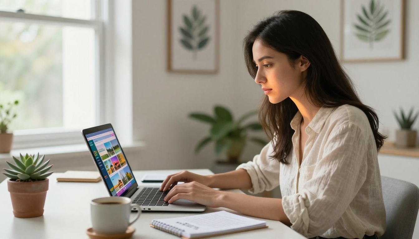 Woman designing travel brochure on laptop in bright home office
