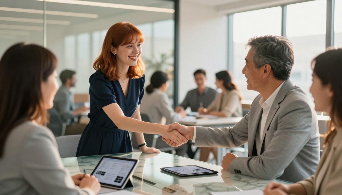Young creative professional receiving job offer handshake in bright modern office with portfolio visible on table