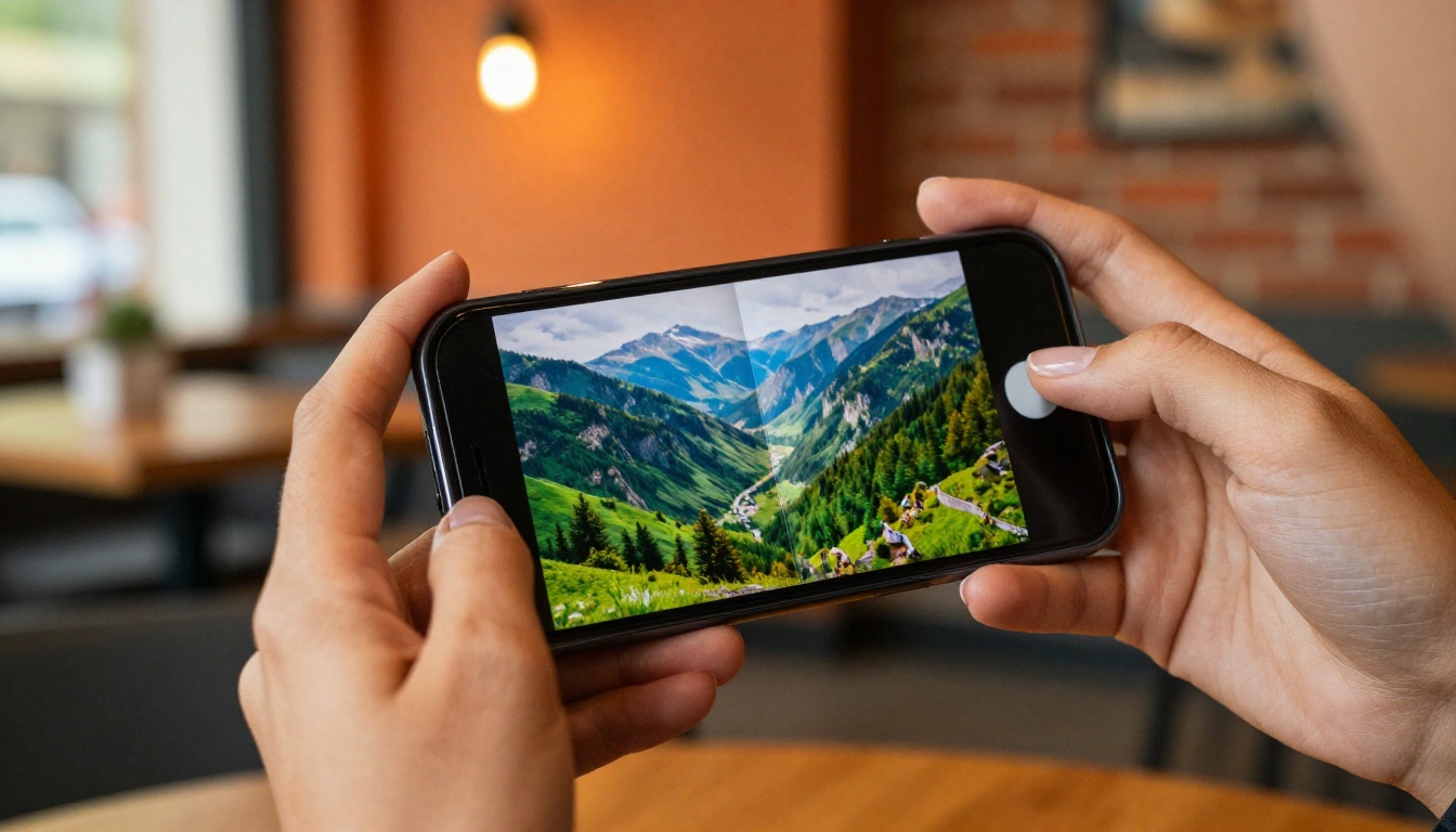 Hands holding smartphone displaying travel brochure flipbook in page-turn