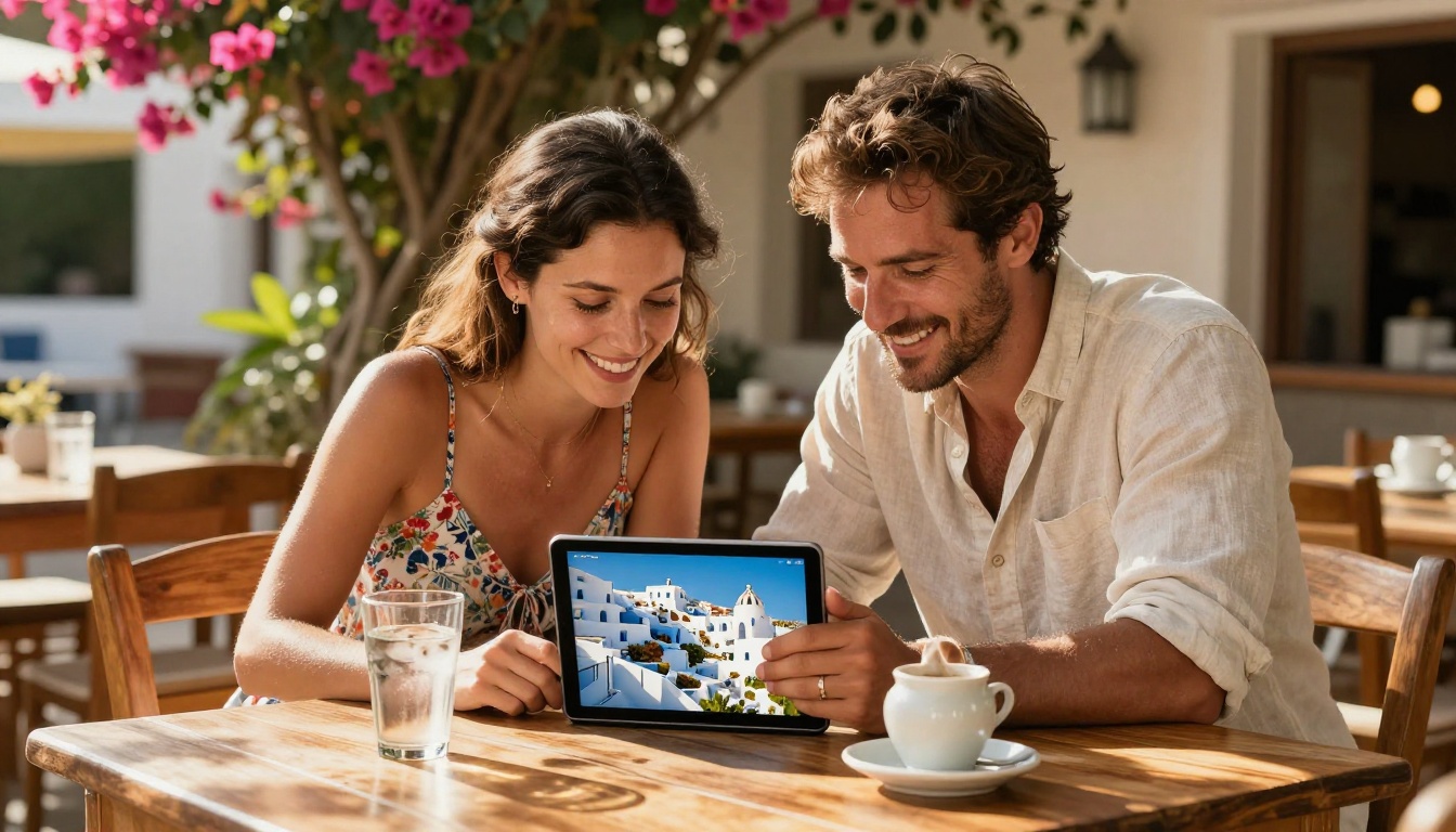 Couple viewing digital travel brochure on tablet at outdoor cafe