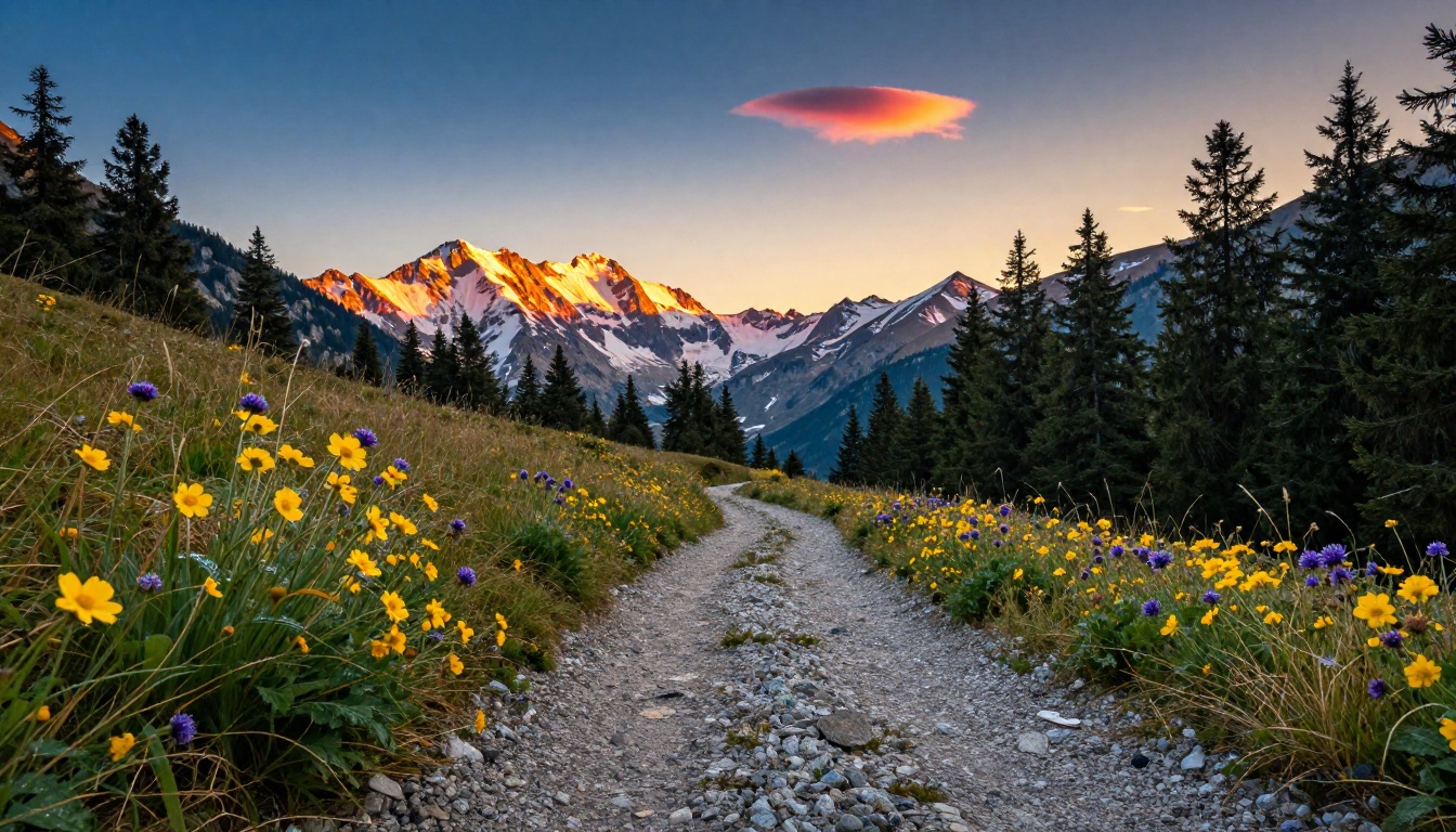 Sweeping alpine mountain pass landscape at golden hour