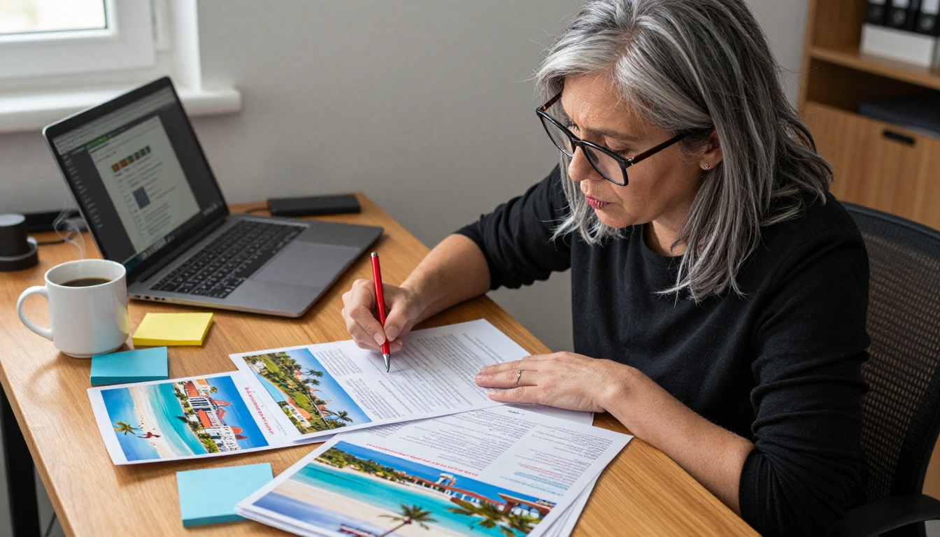 Travel agency professional reviewing printed brochure spreads at oak desk