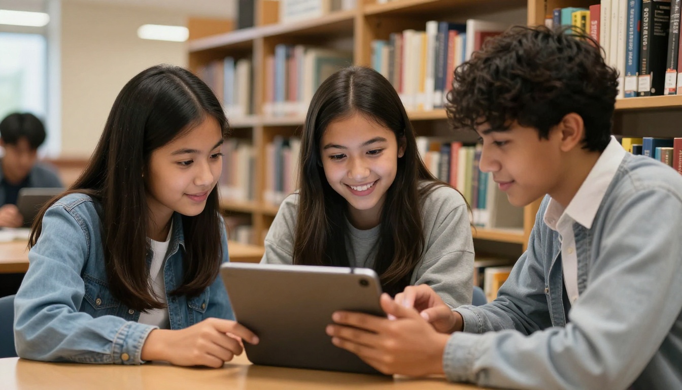 Three students collaborating on a digital flipbook in a school library Three students collaborating on a digital flipbook in a school library