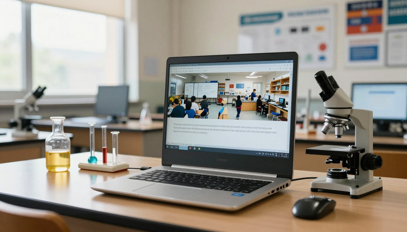 Science project flipbook displayed on a laptop in a school laboratory Science project flipbook displayed on a laptop in a school laboratory