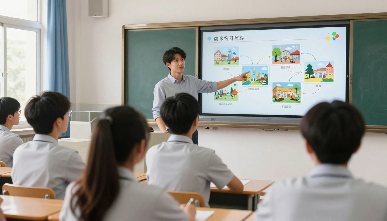 Student presenting a digital flipbook on a classroom display screen Student presenting a digital flipbook on a classroom display screen
