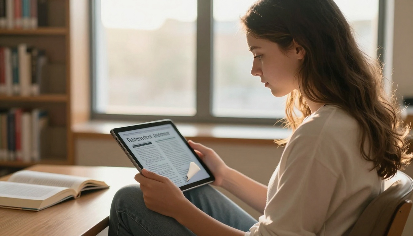 Teenage girl reading a digital flipbook on a tablet in a sunlit library Teenage girl reading a digital flipbook on a tablet in a sunlit library