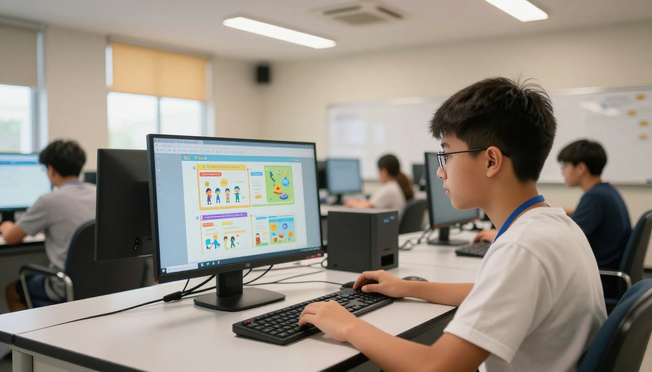 Student working on a digital flipbook in a modern school computer lab Student working on a digital flipbook in a modern school computer lab