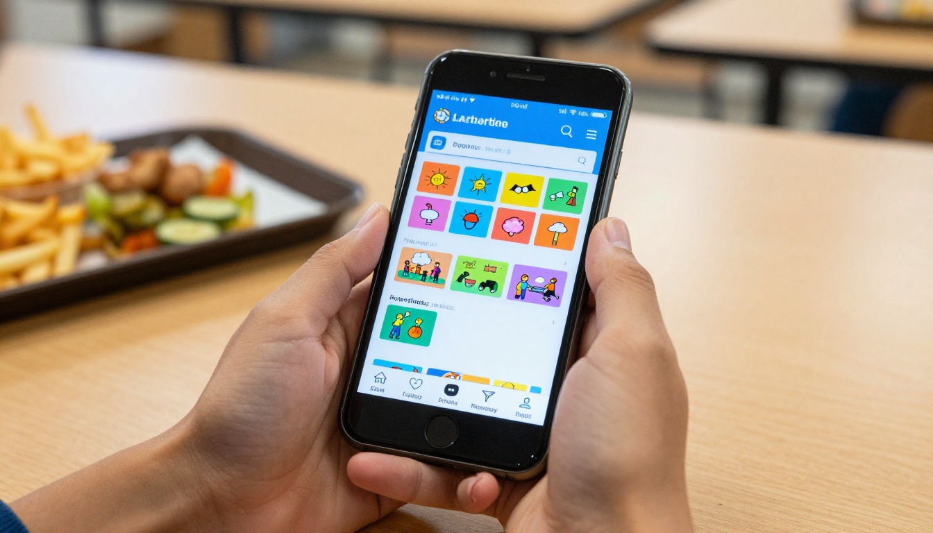 Student's hand holding a smartphone displaying a school project flipbook in the cafeteria Student's hand holding a smartphone displaying a school project flipbook in the cafeteria