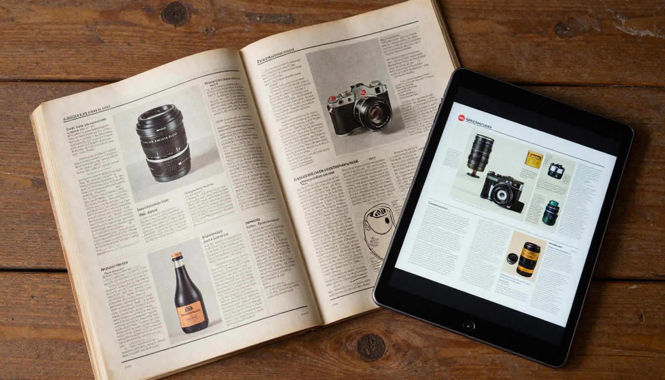 Vintage print catalog beside modern tablet showing digital flipbook, aerial flat-lay on wooden table