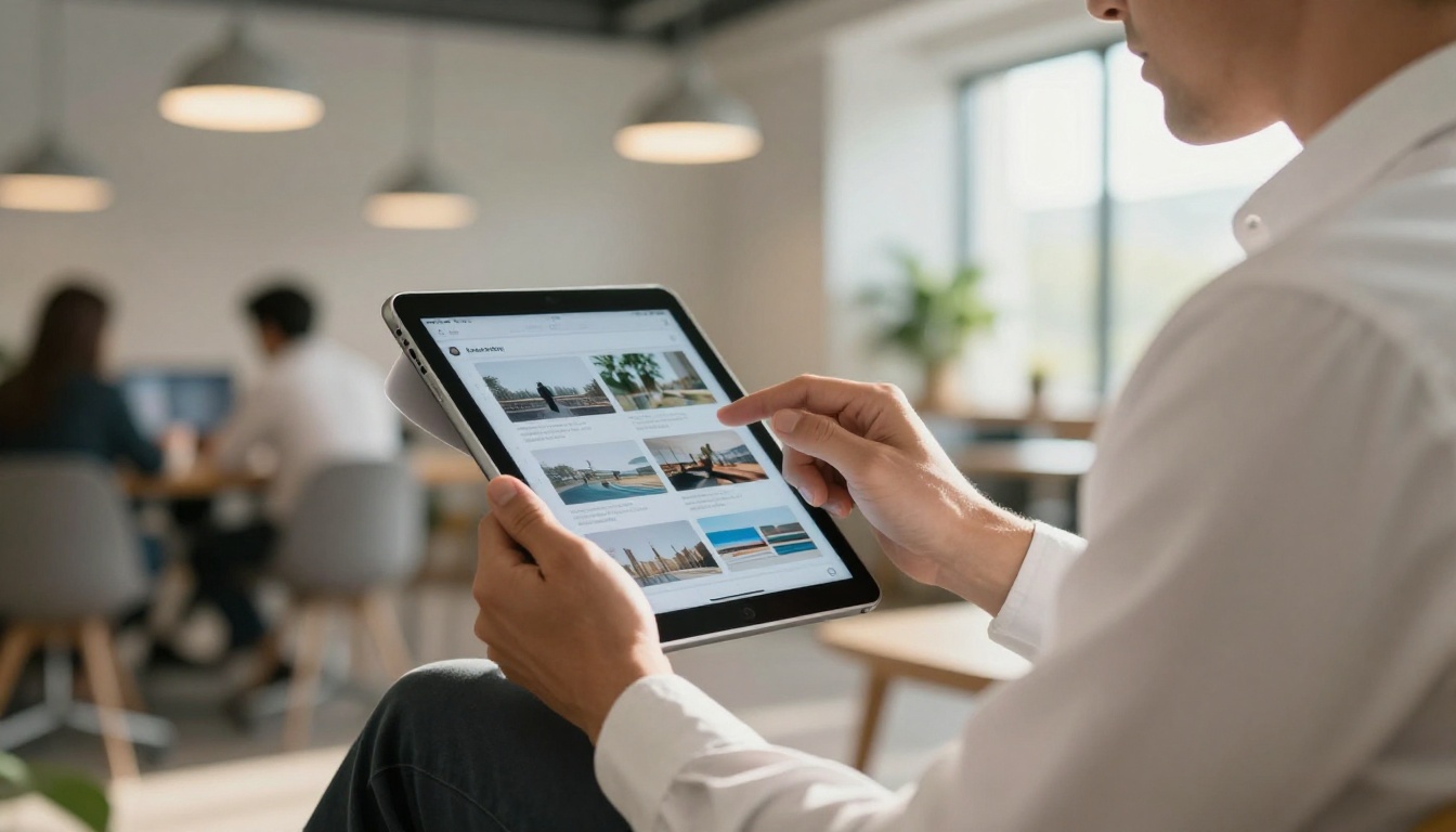 Businessman swiping through digital flipbook on iPad in bright modern co-working space