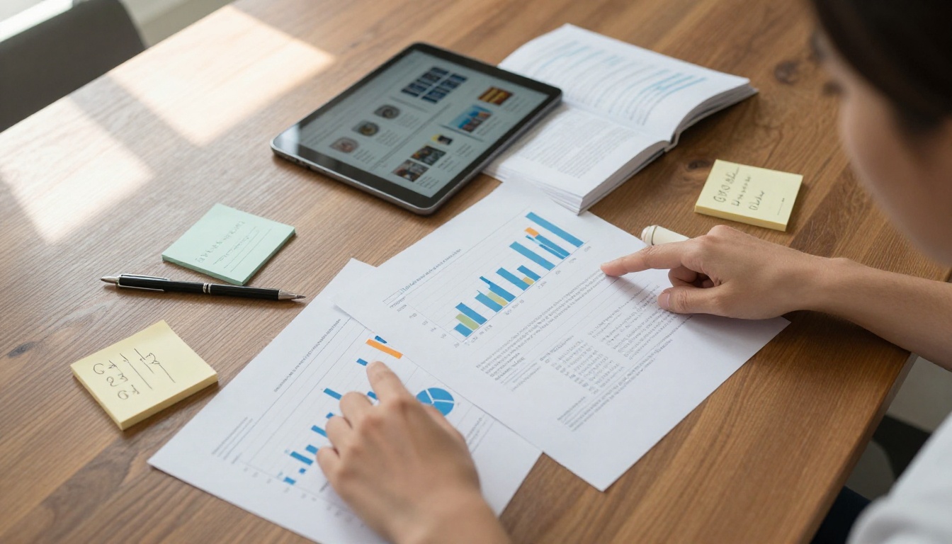 Overhead flat-lay of a businesswoman's hands pointing at printed analytics charts on a conference table alongside a tablet displaying a digital flipbook catalog spread Overhead flat-lay of a businesswoman's hands pointing at printed analytics charts on a conference table alongside a tablet displaying a digital flipbook catalog spread