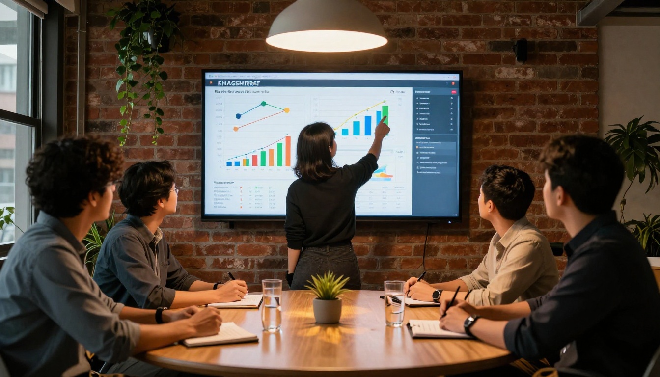A marketing team of three professionals gathered around a conference table, reviewing colorful flipbook engagement metrics on a large wall-mounted screen in a modern brick-wall office A marketing team of three professionals gathered around a conference table, reviewing colorful flipbook engagement metrics on a large wall-mounted screen in a modern brick-wall office